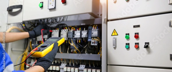 Fototapeta Electrical service technician uses measuring tools equipment checking electricity on circuit breaker panel and check electric cable wiring main power distribution board for maintenance system.