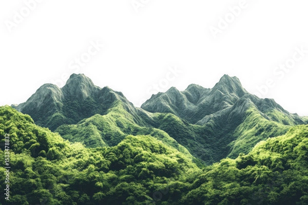 Fototapeta Lush green mountain range landscape png image for compositing and design projects, high resolution mountain peaks, hills, forests, transparent background isolated on transparent background