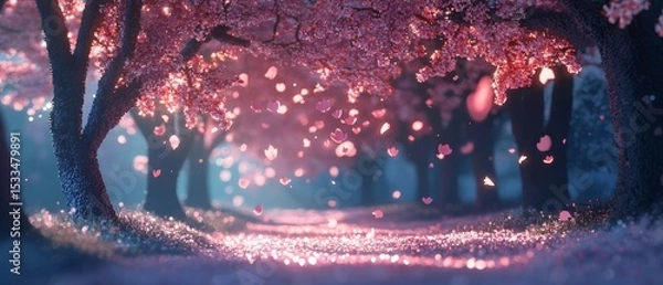 Fototapeta Vivid Voxel Cherry Blossom Scene with Shimmering Petals in Spring
