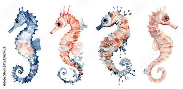 Fototapeta seahorse watercolor vector illustration set, underwater ocean animal art isolated on white background