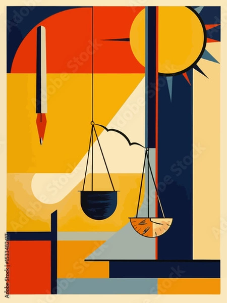 Obraz  1930s vintage poster, art deco style, bold geometric shapes, warm color palette (orange, gold, deep blue), concept of ethics in business consulting, symbolic imagery
