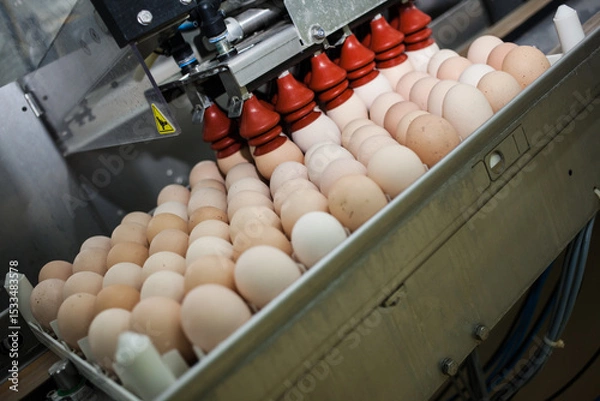 Obraz Egg sorting machine. Egg conveyor on food production line. Farm products
