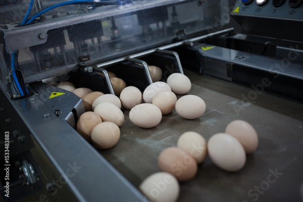Obraz Egg sorting machine. Egg conveyor on food production line. Farm products
