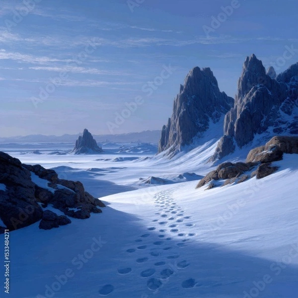 Fototapeta Exploring winter beauty snowy landscapes and footprints in the mountains nature scene high altitude tranquil view