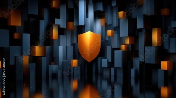 Fototapeta Abstract security concept with shield and cubes in digital environment graphic design modern aesthetics