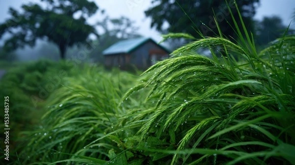Fototapeta Rainy day nature scene lush green grass rural area close-up view serenity and calmness