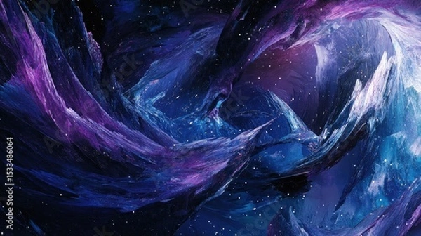 Fototapeta A cosmic, deep space-inspired abstract background with dark blues, purples, and blacks, featuring shimmering white stars scattered across the design, evoking the vastness of the universe