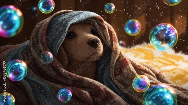 Fototapeta Cozy puppy wrapped in blanket indoor setting digital art whimsical atmosphere close-up view adorable concept