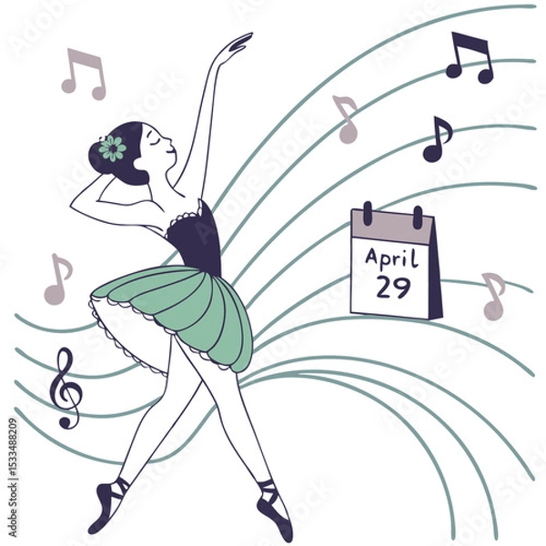 Fototapeta Ballet dancer, rhythmic lines, music notes, and April 29 calendar, performing arts vector
