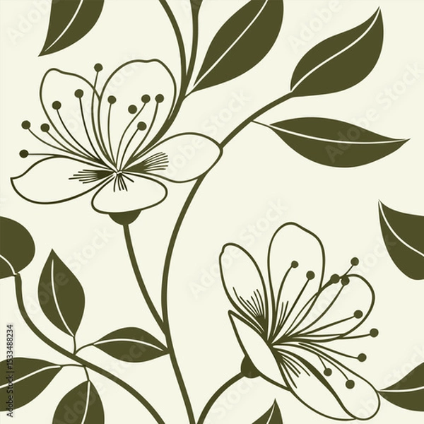 Fototapeta Abstract floral bloom vector pattern, symmetrical petals in Olive Green