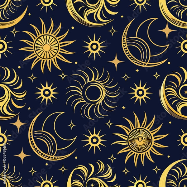 Fototapeta Celestial sun and moon vector pattern, midnight navy with gold line art, mystical bohemian design, seamless repeat