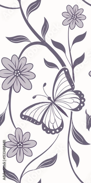Fototapeta Butterfly with open wings and a flower with rounded petals, both in purple tones, on a white background with floral motifs