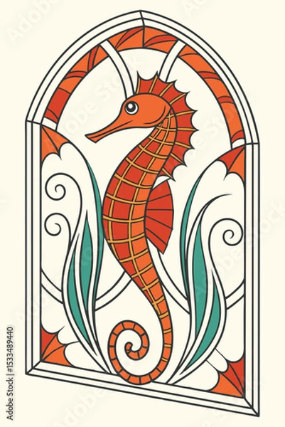 Fototapeta Colorful stained glass vector design, bold orange, green, and blue, symmetrical mosaic pattern