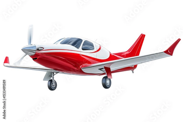 Fototapeta Red and white single-engine propeller airplane isolated on transparent background, showcasing sleek design and modern aviation technology.