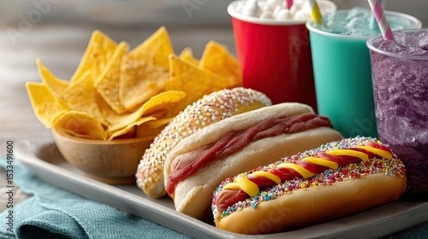 Fototapeta Soda overload fast food with sugar, and salt mix concept. Delicious hot dogs, nachos, and colorful drinks on a serving tray.