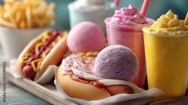 Fototapeta Soda overload fast food with sugar, and salt mix concept. Colorful assortment of tasty snacks, perfect for summer enjoyment.