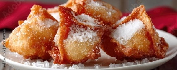 Fototapeta Greasy bites snack with taste and salt overload concept. Delicious sweet pastries dusted with powdered sugar.