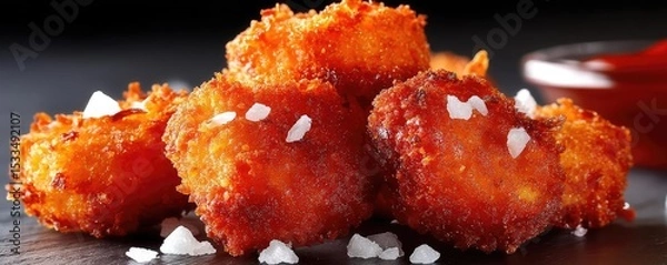 Fototapeta Greasy bites snack with taste and salt overload concept. Delicious golden crispy snacks with a side of tangy sauce.