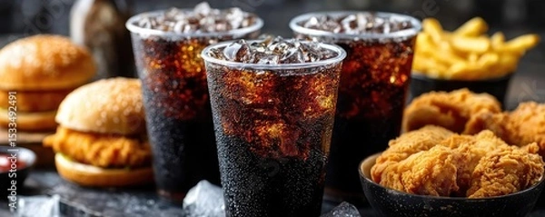 Fototapeta Soda overload fast food with sugar, and salt mix concept. Delicious fast food meal with soda, burgers, and crispy chicken.