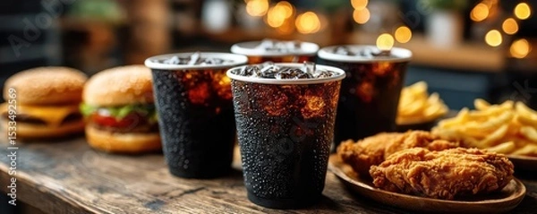 Fototapeta Soda overload fast food with sugar, and salt mix concept. Delicious fast food spread with drinks, burgers, fries, and chicken.