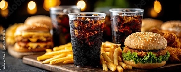 Fototapeta Soda overload fast food with sugar, and salt mix concept. Delicious fast food including burgers, fries, and drinks.
