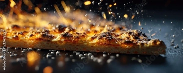 Fototapeta Greasy bites snack with taste and salt overload concept. Delicious pizza slice with crispy crust and melted cheese.
