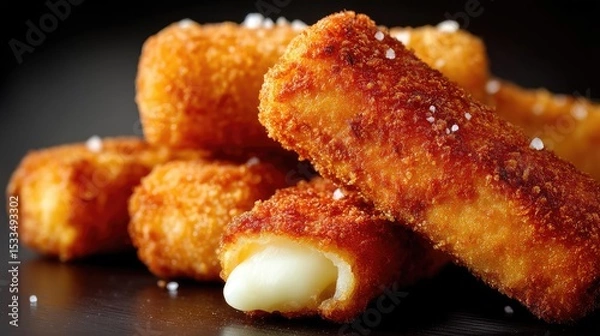 Fototapeta Greasy bites snack with taste and salt overload concept. Crispy cheese sticks with a golden crust and melty interior.