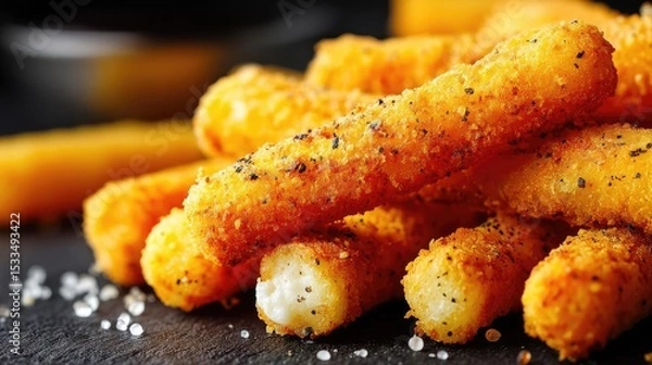 Fototapeta Greasy bites snack with taste and salt overload concept. Delicious, crispy cheese sticks served with salt and spices.