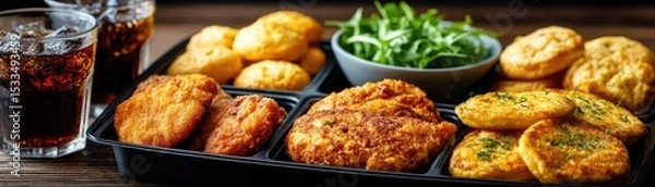 Fototapeta Processed meals contain greasy calories and salty soda taste concept. Delicious assortment of fried snacks with drinks and green salad.