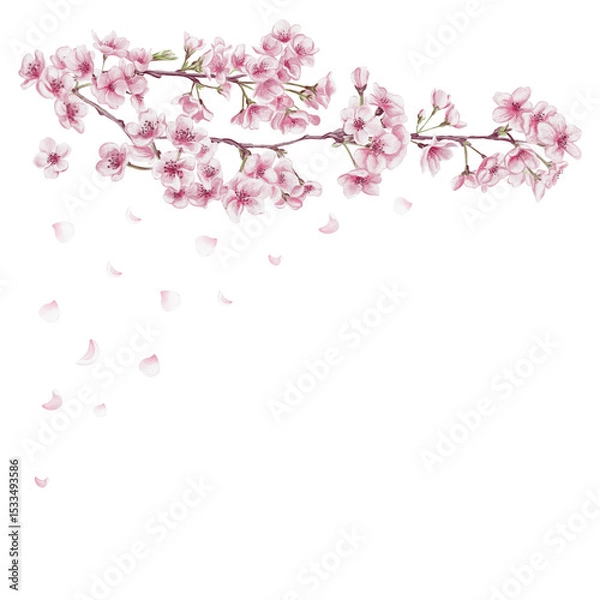 Obraz Sakura branch and flying pink petals. Many small pink flowers. Cherry blossom festival. Spring decor. Watercolor illustration isolated from background. Hand drawing. Template for postcard and banner