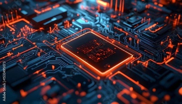 Obraz Close-up view of a circuit board with a highlighted processor.
