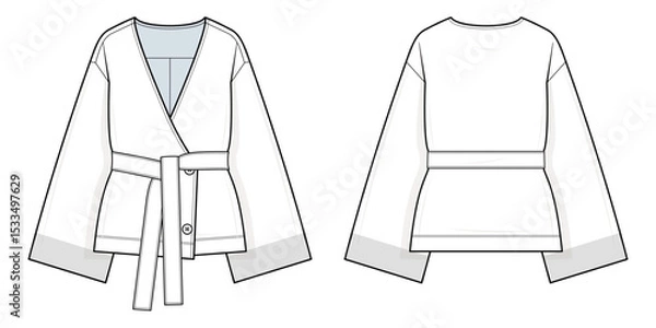 Fototapeta Wrap Belted Jacket Technical Fashion Illustration. Women’s Kimono-Inspired Jacket Vector Template. Front and Back View. Wide Sleeves. Waist Belt. Relaxed Fit. Minimalist Outerwear. CAD Mockup Set.