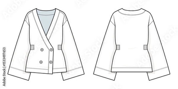 Fototapeta Double-Breasted Blazer Technical Fashion Illustration. Women’s Jacket Vector Template. Front and Back View. Wide Lapel Collar. Rib-Knit Side Panels.  Long Sleeves. Classic Length. CAD Mockup set.