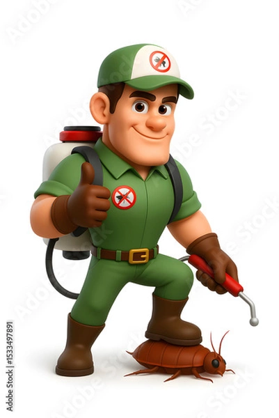 Obraz Confident 3d Cartoon Pest Exterminator with Sprayer - Pest Control & Bug Removal Service