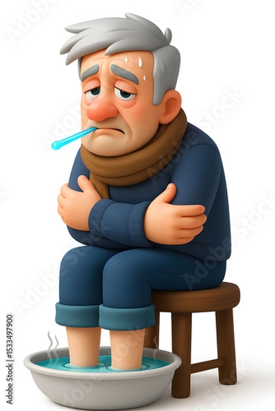 Obraz Vibrant 3D Render of an Ailing Old Man - Home Remedies & Sickness Graphic, Cartoon Male Patient Feeling Unwell with Scarf and Hot Water Soak