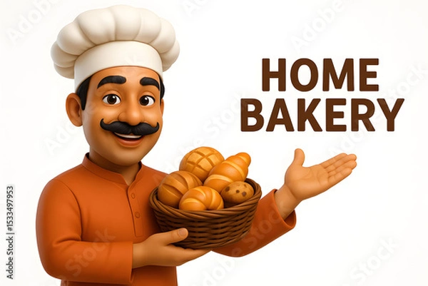 Obraz Smiling Male Baker with Moustache Holding Fresh Breads - Home Bakery & Artisan Pastry Icon