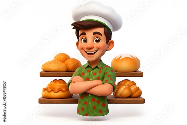 Obraz Happy Cartoon Baker with Fresh Bread and Pastries - Ideal for Food & Bakery Concepts