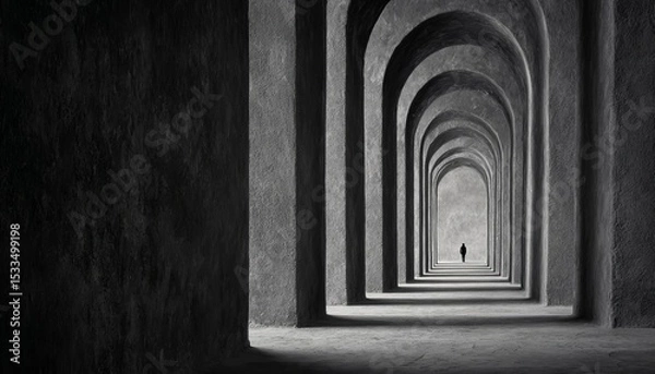 Obraz A solitary figure walks through a series of arched passages.