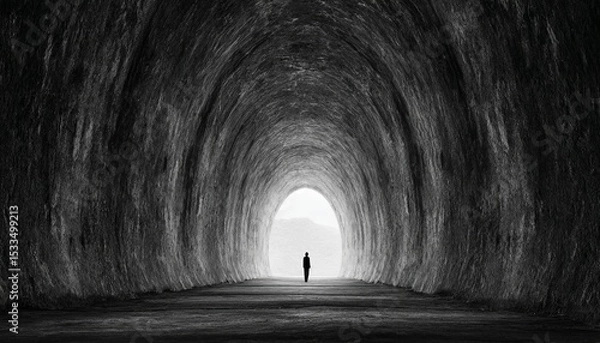Obraz A solitary figure stands in a dark tunnel, symbolizing uncertainty.