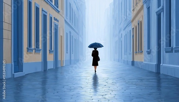 Obraz A solitary figure walking in a misty street with an umbrella.