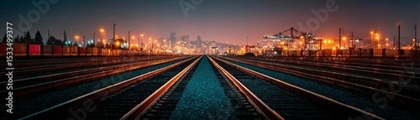 Obraz Illuminated railway tracks stretching into a vibrant industrial night.