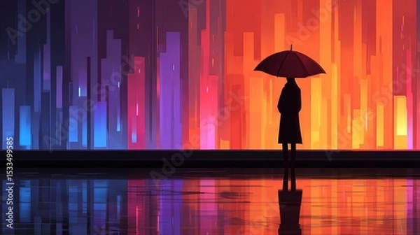 Obraz A figure with an umbrella stands against vibrant abstract colors.