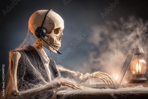 Fototapeta Vintage Skeleton in Office Attire with Headset Works on Laptop Surrounded by Cobwebs