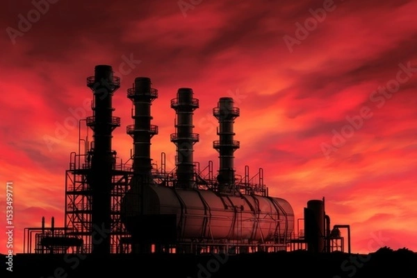 Fototapeta Silhouette of Combined Cycle Power Plant at Dusk with Dramatic Red and Orange Clouds in the Sky