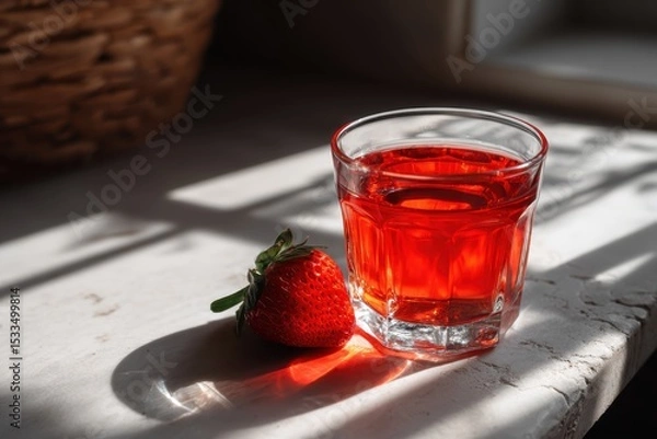 Fototapeta Vibrant Red Strawberry Juice in Glass with Fresh Strawberry on White Rustic Table