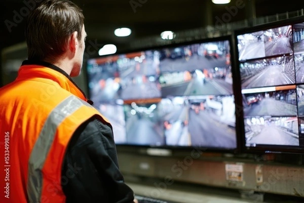 Fototapeta Security Guard Reviewing CCTV Footage for Suspicious Activity in Facilities Management