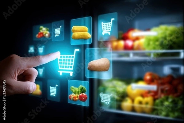 Fototapeta Interactive Smart Refrigerator Interface Showing Grocery List and Selection Options for Users