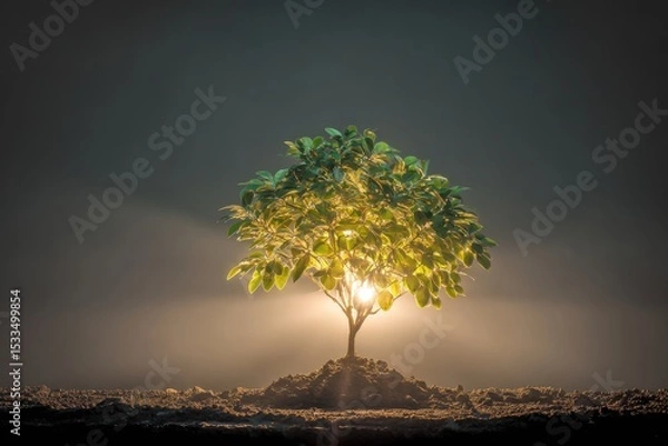 Fototapeta Single Glowing Solar Panel with Tree Standing Prominently in a Darkened Environment
