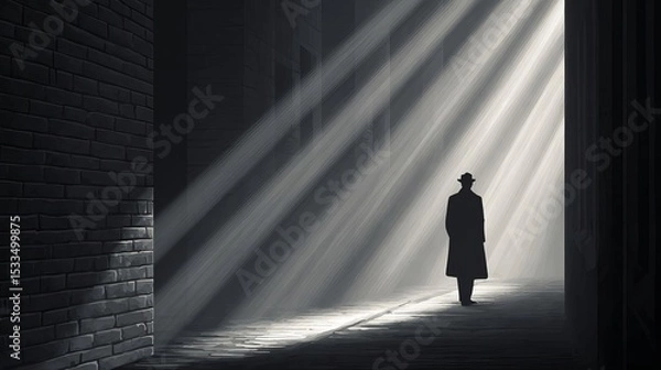 Obraz A shadowy figure walks through a dramatic, sunlit alley.