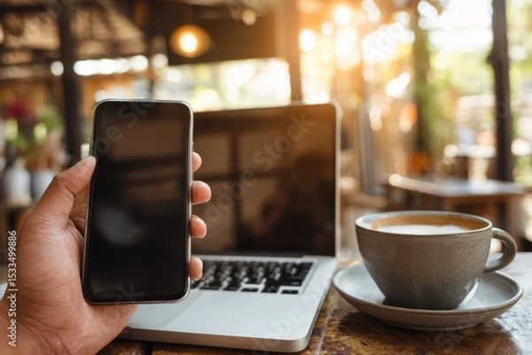 Fototapeta Close Up of Hands Switching Between Smartphone and Laptop with Coffee Cup in Cozy Cafe Setting
